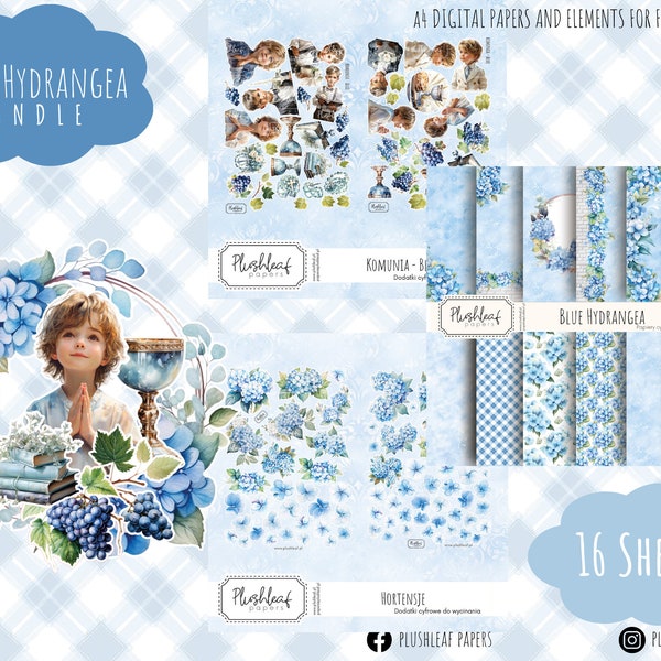 Blaue Hortensien - PAKET || 16 BLATT A4 || Scrapbooking Digital Paper Pack, Papiersammlung, Heilige Kommunion, bedruckbares Papier, Pingelig schneiden