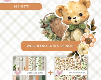 Woodland Cuties Digital Paper Bundle | Scrapbooking, Cardmaking (PNG)