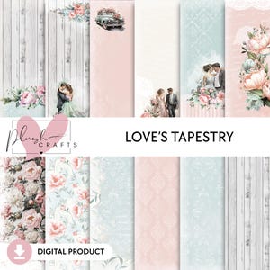 Der Wandbehang || 12 digitale Papiere zum Ausdrucken, Hochzeit und Pfingstrosen, Papier zum Ausdrucken
