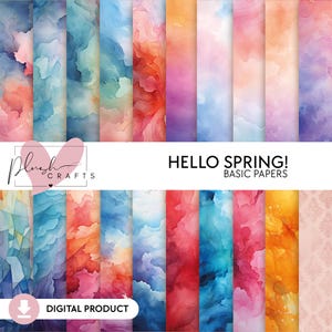 May include: A digital download of 12 watercolor background papers in various shades of blue, pink, orange, and yellow. The papers feature a cloudy, abstract design. The text "HELLO SPRING! BASIC PAPERS" is at the top of the image.