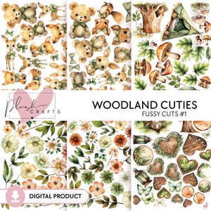 Woodland Cuties // Pacchetto digitale Fussy Cut, Disegni per bambini, Collezione Forest, Fogli stampabili per bambini, Elementi di animali carini