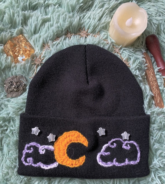 Lavender Night Sky Hand Embroidered Beanie Stars Moon Gift Hat