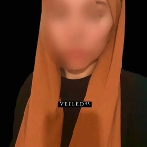 May include: A burnt orange hijab, a head covering draped over the head and shoulders. The image features the text "VEILED" in a black rectangle at the bottom, and "VEILED 99" in a black rectangle at the top of the image.