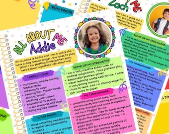 May include: A colorful school-themed printable template with the text "All About Me" and "My Goals This School Year". The template includes sections for personal information, strengths, and challenges, with a Canva logo.