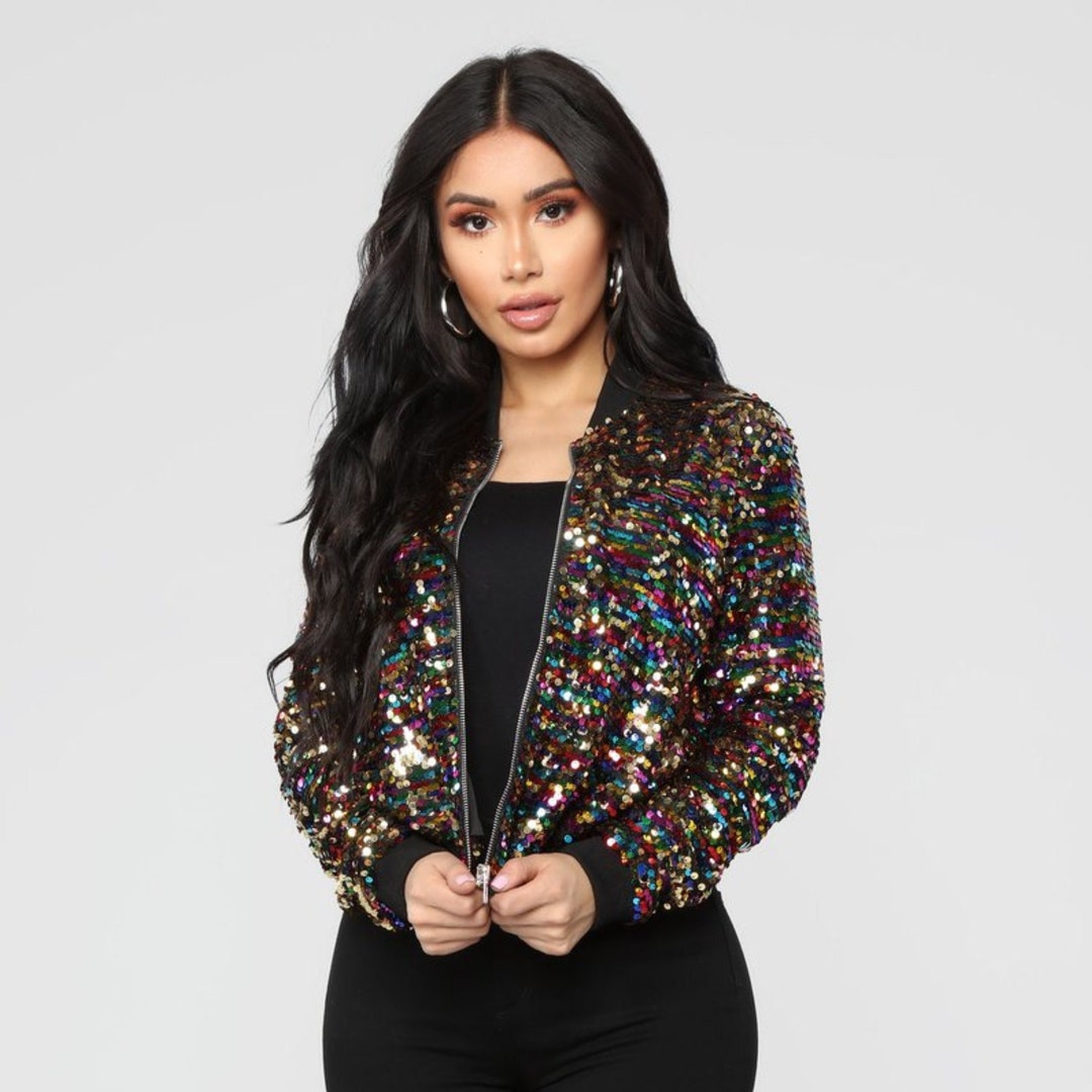 Women's Multi Color Glitter Bomber Jacket, Women's Festival Clubbing