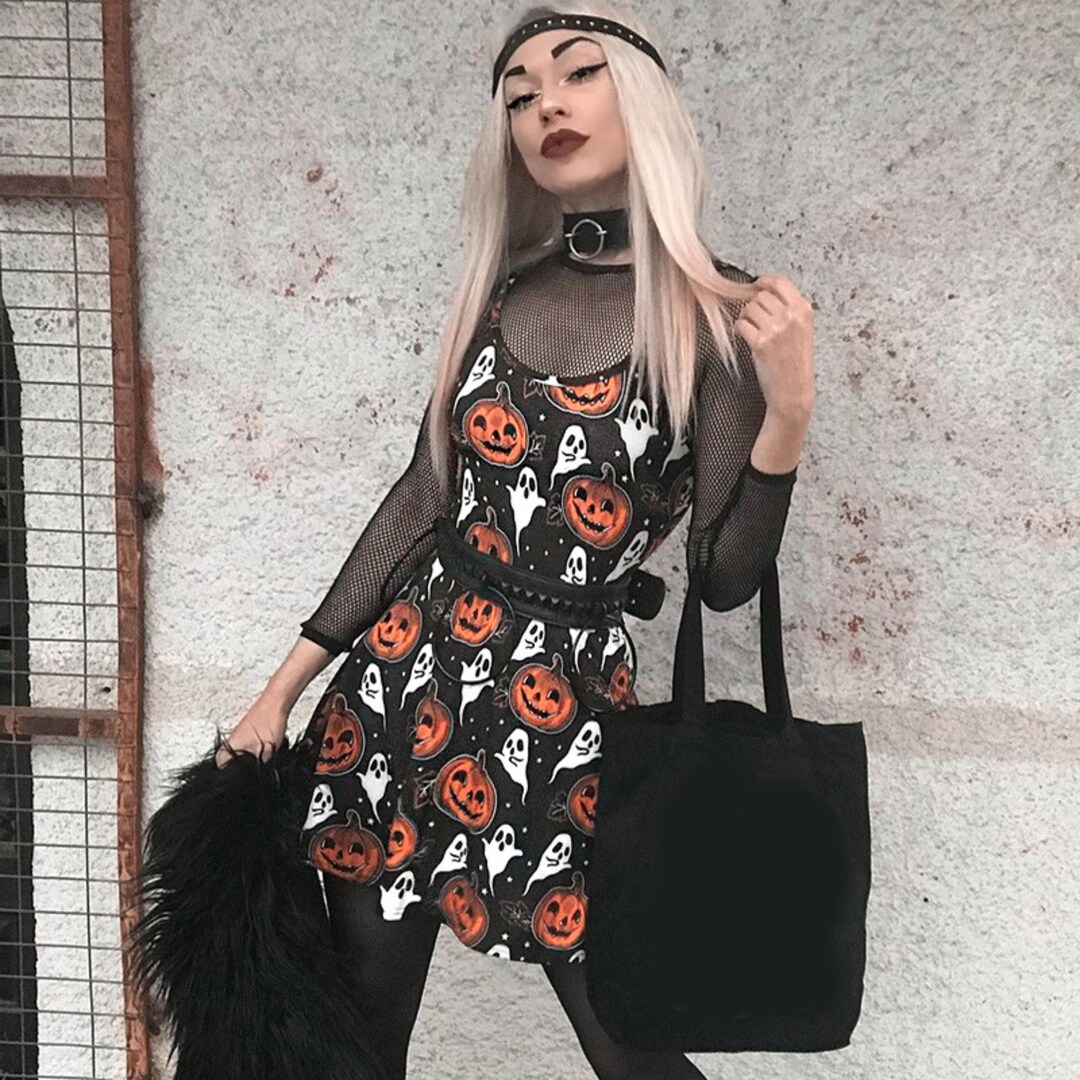 Halloween Dress Women Clothing, Dark Style Pumpkin Ghost Print Short