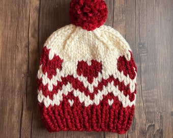 Red heart fair isle BEANIE with pom pom, gift for her, girlfriend, wife, knitted wool scull cap, handmade hat, lovers gift, adult size