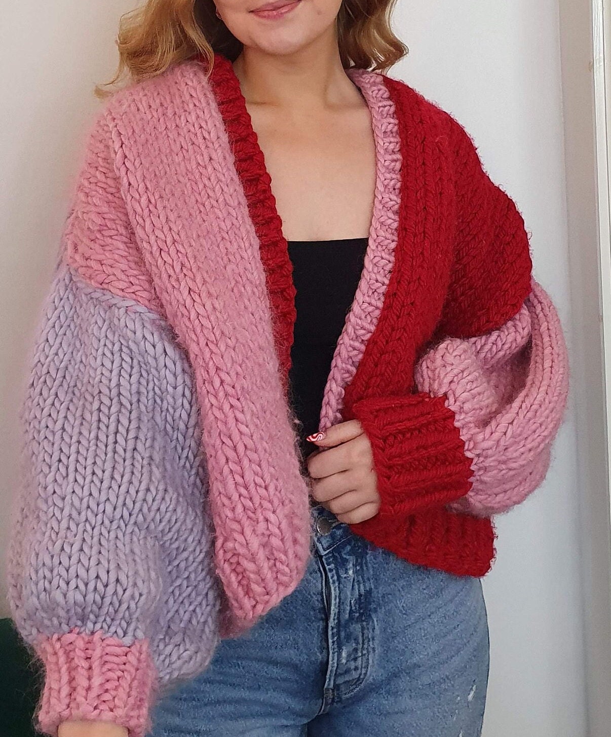 O Project カーディガン chunky knitted cardigan The Ketchup Cardigan Pattern - Super Chunky Colour Block Cardigan