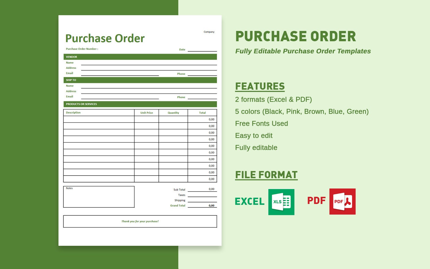 Purchase Order Template, PDF Excel Purchase Order Template Business  Purchase Order Form Template, Editable Order Template Sales Billing Form