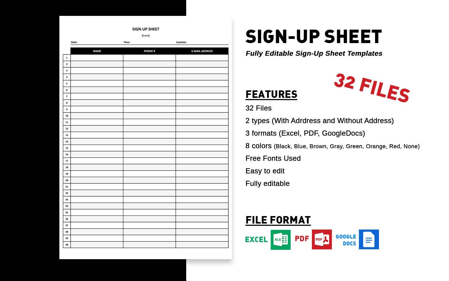 Sign up Sheet 2 Type 3 Format 8 Color Sign up Sheet PDF Excel - Etsy