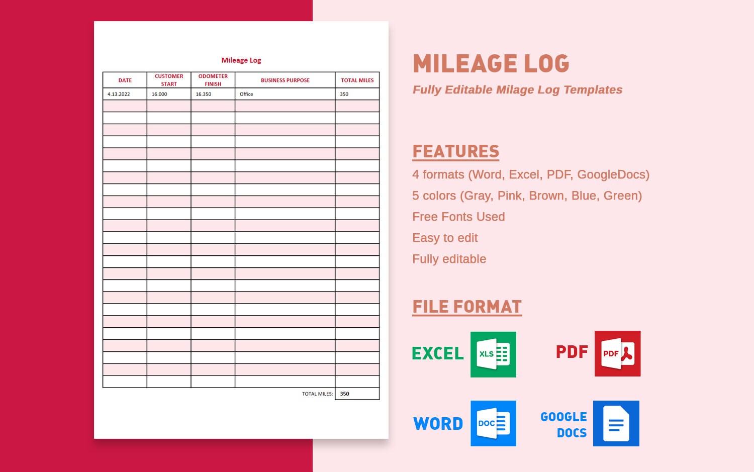 Mileage Tracker Log 4 Format 5 Color Business PDF Word Excel - Etsy Finland