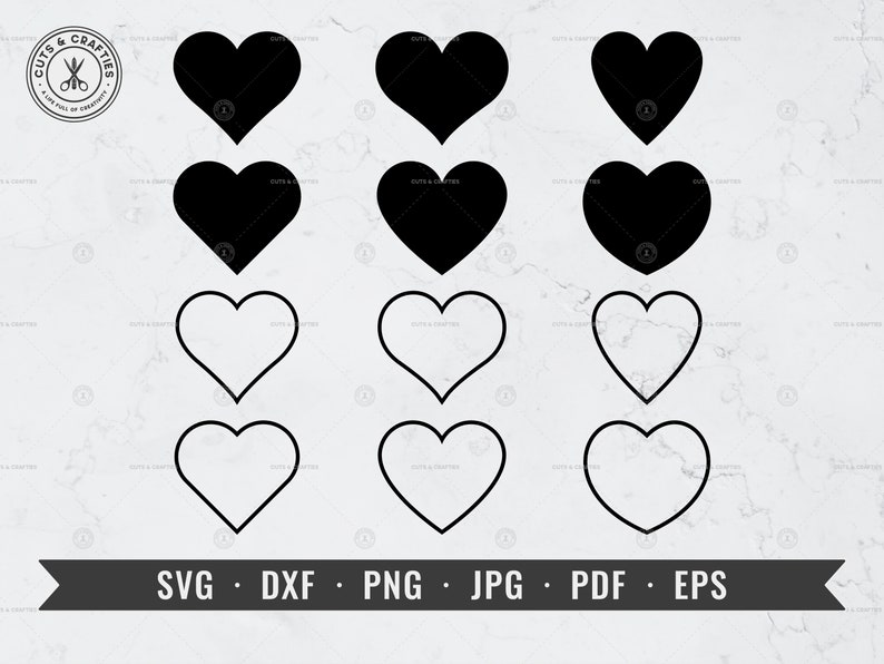 May include: A set of 10 heart-shaped SVG cut files, 5 black and 5 white. The hearts are in various sizes and are perfect for crafting projects.