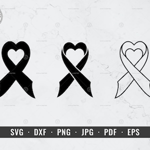 Cancer Heart Ribbon svg, Sensibilisation Coeur Ruban svg, Ruban de chagrin, Ruban de deuil, Cancer du sein svg, Cricut, Silhouette, Vecteur, ClipArt