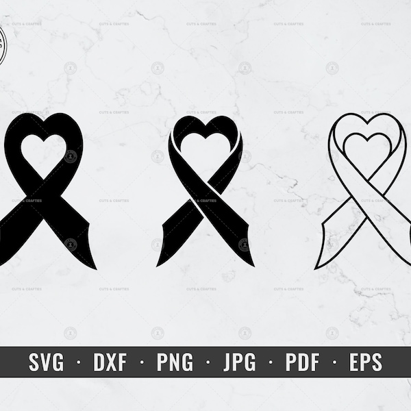 Cancer Heart Ribbon svg, Awareness Heart Ribbon svg, Sorrow Ribbon, Mourning Ribbon, Breast Cancer svg, Cricut, Silhouette, Vector, ClipArt