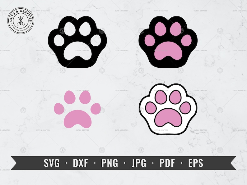May include: Four different paw print designs. Two paw prints are black with pink accents, one is pink with a white outline, and one is pink.