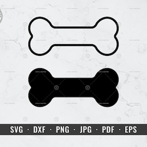 Könnte beinhalten: Zwei schwarze Knochenformen, eine umrandet und eine gefüllt, auf einem weißen Marmorhintergrund. Der Text "SVG - DXF - PNG - JPG - PDF - EPS" befindet sich am unteren Rand des Bildes.