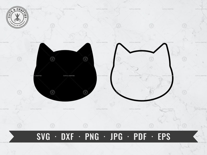 May include: Two black and white cat head silhouettes. The cat head on the left is filled in black, while the cat head on the right is outlined in black.