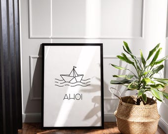 Poster "Ahoi" boat minimalist – art print on paper – sizes A5 A4 A3 – maritime wall picture gift idea