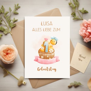 Abejas lindas - tarjeta de cumpleaños infantil, personalizada con nombre y edad