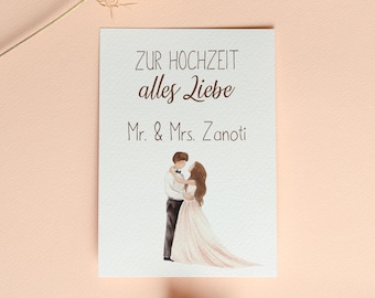 May include: A white card with brown text that reads "Zur Hochzeit alles Liebe Mr. & Mrs. Zanoti". A watercolor illustration of a couple embracing is at the bottom of the card.