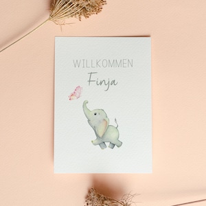 Accueillir; carte de naissance personnalisée avec motif éléphant