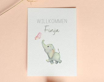 Welcome; Personalized birth card with elephant motif