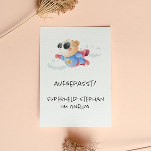 Atención superhéroe acercándose - Tarjeta de regalo personalizada - con motivo de osito de peluche