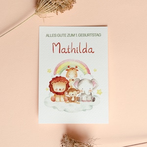 Feliz primer cumpleaños | Tarjeta de felicitación personalizada con motivo de safari