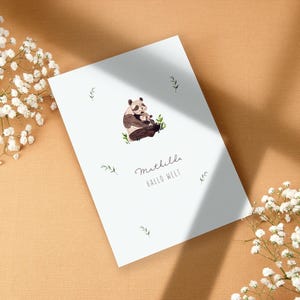 Tarjeta de nacimiento personalizada – Tarjeta de acuarela “Hola Mundo” con panda – Tarjeta para el nacimiento de un bebé niña o niño – Tarjeta plegable o postal