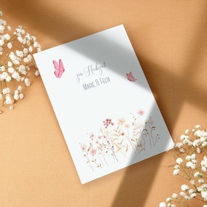 Biglietto di auguri di nozze personalizzato con nome e data – Fiori Boho acquerellati – Biglietto di auguri di nozze individuale