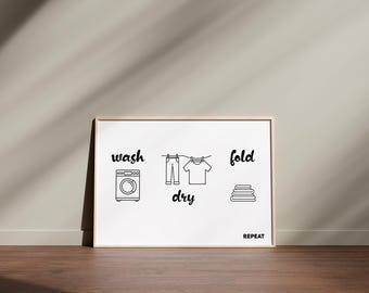 Poster “Wash Dry Fold Repeat” – Laundry Wall Decoration Art Print A5 A4 A3 – Funny Poster for Laundry Room & Gift Idea