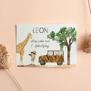 Feliz primer cumpleaños I tarjeta de felicitación personalizada con motivo de safari