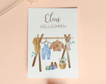 Welcome card with clothes rack motif; personalized birth card