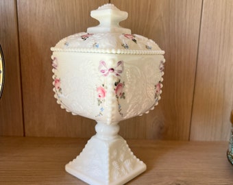 Westmoreland Square Painted Milk Glass Covered Bowl Pedestal Beaded Edge Grape Vine Pattern