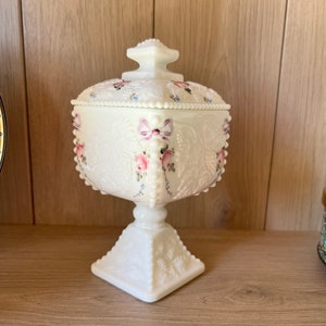 Westmoreland Square Painted Milk Glass Covered Bowl Pedestal, Vintage Home Decor, Elegant Table Centerpiece, Beaded Edge, Grape Vine Pattern