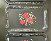3 14x9 Large Vintage Midcentury Metal Trays Floral Design Display Set Wall Decor Red Rose Lilly of the Valley