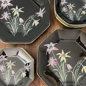 Retro 80s Dinner Set for 4, Seizan Fine China Japan, Dinner Plates, Salad Plates, Bread Plates, Soup Bowls, Vintage Floral Dinner Set