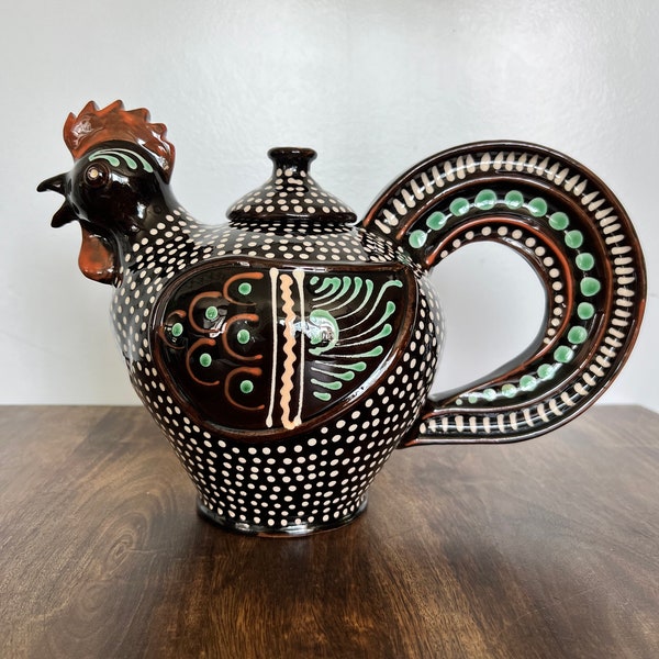 Vintage Hungarian Red Ware Rooster Teapot Folk Art Pottery by Imre Albert Szucs House Warming Wedding Shower Gift