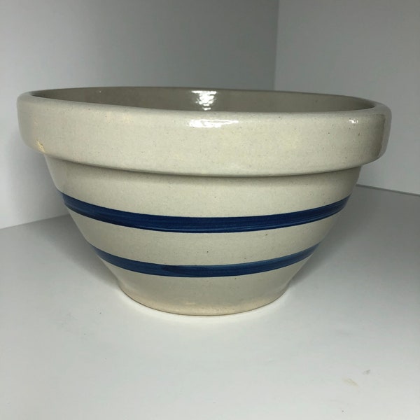 8" 2 QT Vintage Robinson Ransbottom Roseville, OH USA Mixing Bowl Shabby Chic French Country Pottery Bisque French Blue Stripe