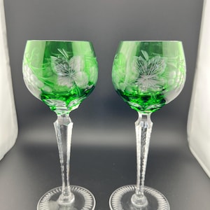 Pair of Green Cut to Clear Crystal Nachtmann Traub Grape Wine Hock, Vintage Stemware, Dining Room Decor, Bar Cart Essentials, Stemmed Glass