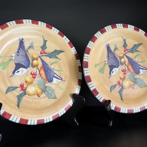 2 Lenox Tartan Nuthatch Plates, Winter Greetings Collection, Holiday Salad Plate Set, Dinnerware Gift, Bird Lover&#39;s, Christmas Decor