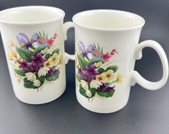Royal Kingston Bone China Mugs: English Purple Violets Floral Design, Set of 2