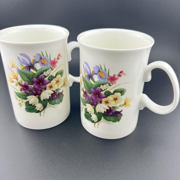 Royal Kingston Bone China Mugs: English Purple Violets Floral Design, Set of 2