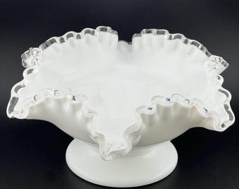 Vintage Silver Crest Footed Bowl, Milk Glass, Compote, Ruffled Glass