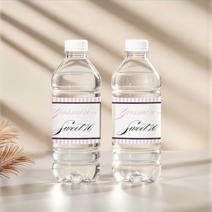 Pink Stripes Water Bottle Label: Editable Birthday Party Stickers (Digital Template)