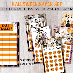 Pode incluir: Um conjunto de poupança de Halloween com um rastreador de dinheiro e várias folhas de desafio de poupança em tamanho A6. Os designs incluem ilustrações de fantasmas, abóboras e galinhas com textos como HALLOWEEN SAVER SET, HANGIN' WITH MY BOOS e NO TRICKS JUST TREATS.