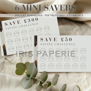 Può includere: Due carte rettangolari in carta bianca con un tracker per sfide di risparmio, testo nero e icone circolari contenenti importi in sterline. Le carte mostrano il testo 6 MINI SAVERS, SAVE £300 SAVING CHALLENGE e SAVE £50 SAVING CHALLENGE.
