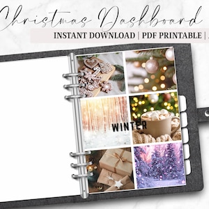 May include: A6 size printable Christmas dashboard with a dark gray cover. The dashboard features a collage of winter-themed images, including gingerbread cookies, Christmas tree ornaments, and wrapped gifts. The text "Christmas Dashboard" and "Instant Download | PDF Printable | A6" are visible.