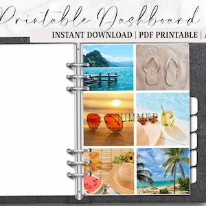 May include: A gray planner with a white interior and a summer-themed dashboard. The dashboard features images of a lake, flip-flops, sunglasses, cocktails, a hat, and a beach scene. Text reads "Printable Dashboard" and "Instant Download | PDF Printable | A6."