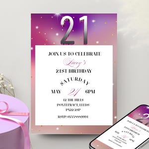 Purple & Silver 21st Birthday Invitation: Editable Template